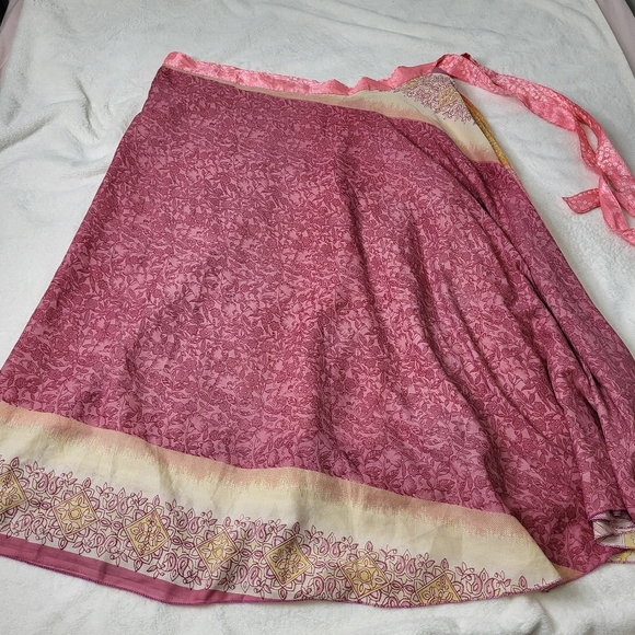 Silk Pink Floral Wrap Skirt With Ties - Picture 1 of 12